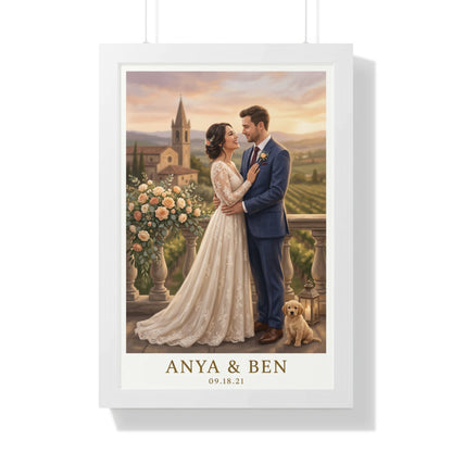 Couple Anya and Ben embrace on balcony with dog and vineyard backdrop.