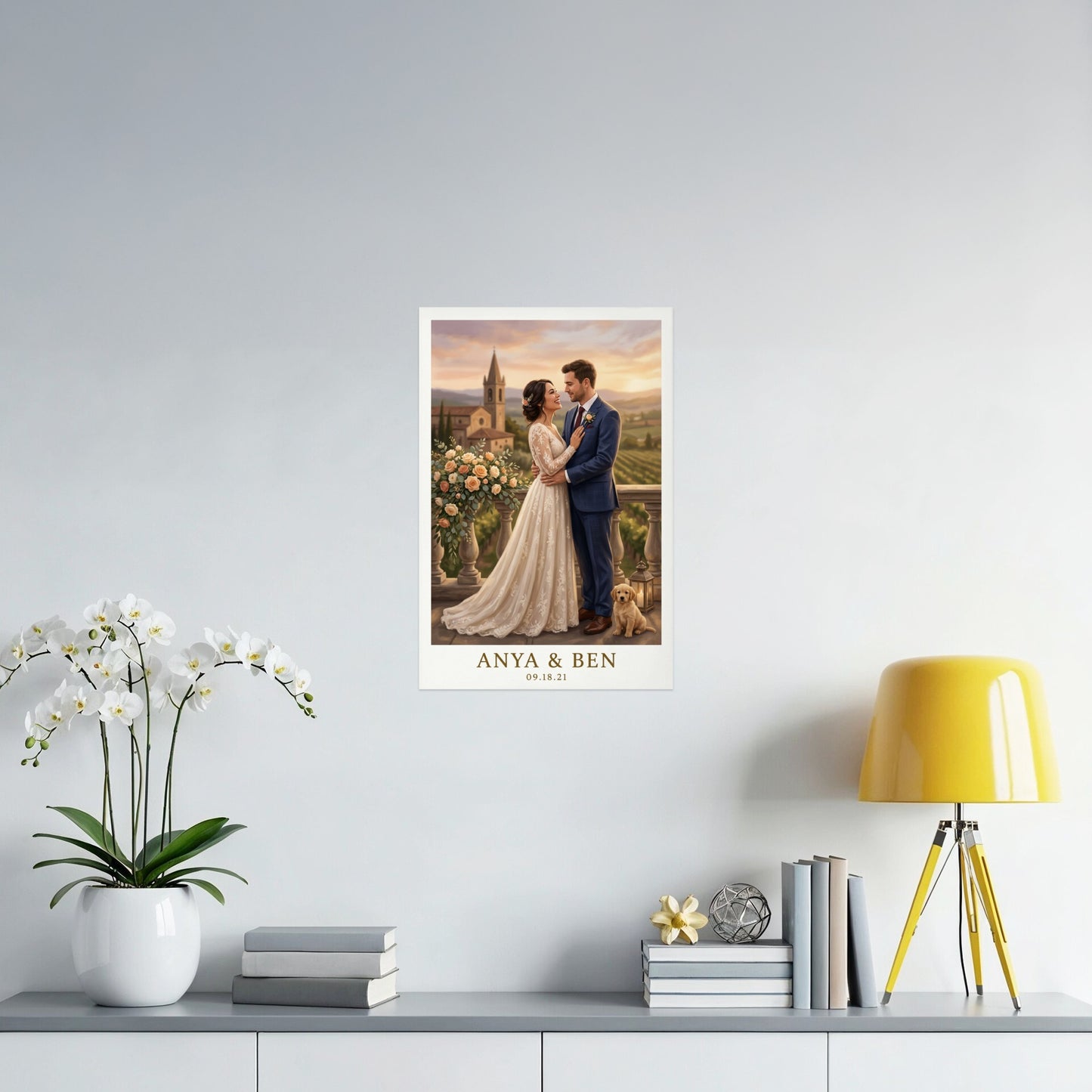 Personalized wedding portrait of Anya and Ben with a dog, dated 09.18.21.