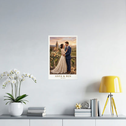 Personalized wedding portrait of Anya and Ben with a dog, dated 09.18.21.