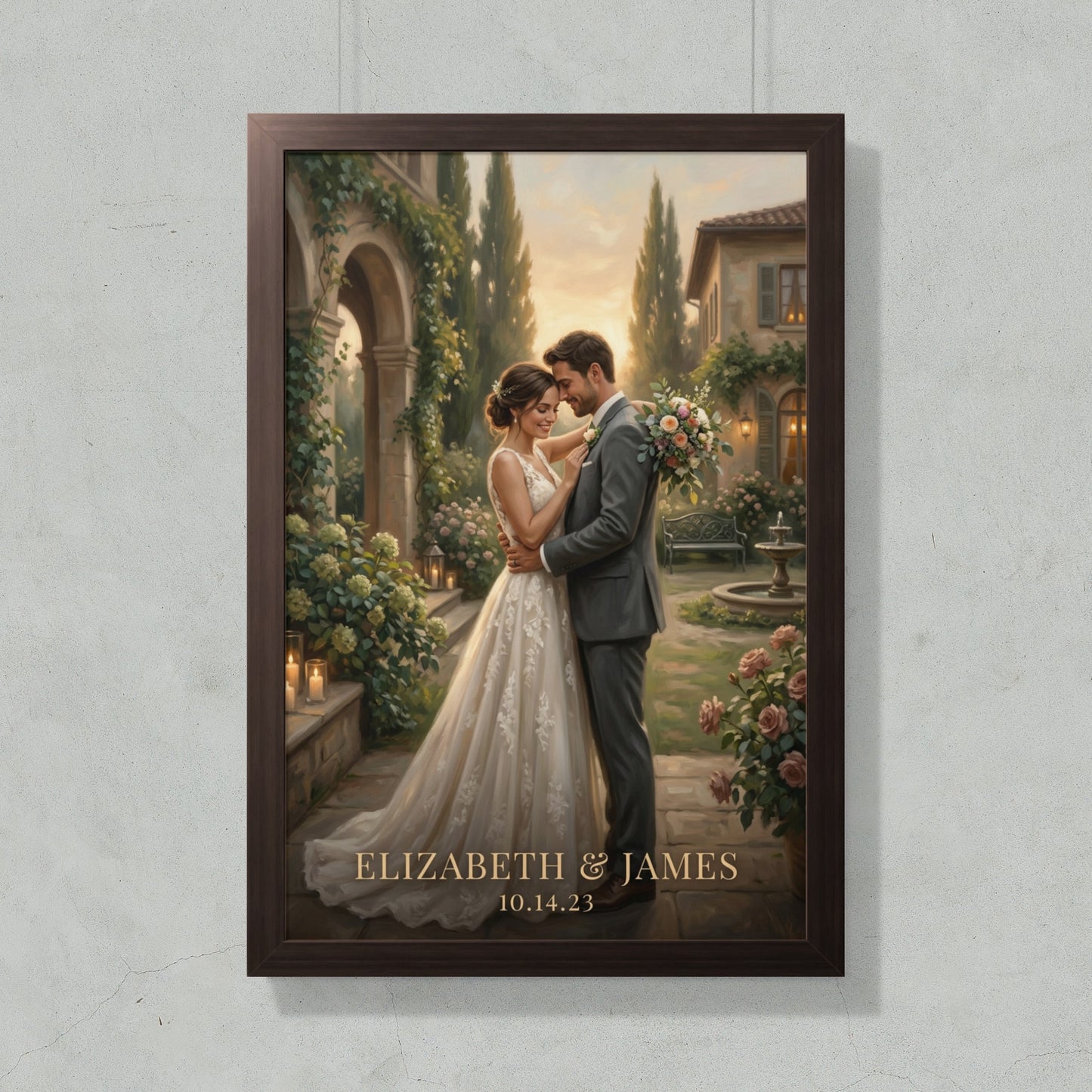 Wedding portrait of a couple embracing, with names and date below.