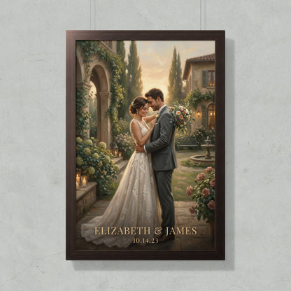 Wedding portrait of a couple embracing, with names and date below.