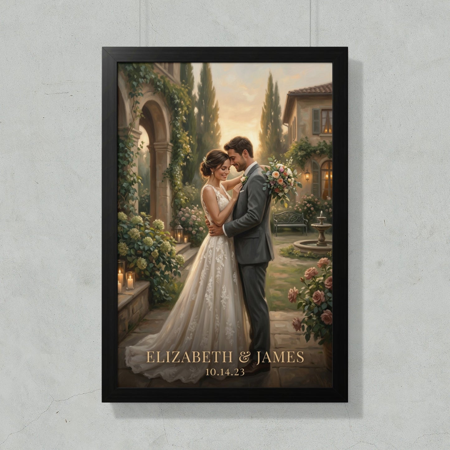 Couple in wedding attire, framed art with "ELIZABETH & JAMES 10.14.23"