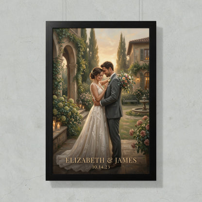 Couple in wedding attire, framed art with "ELIZABETH & JAMES 10.14.23"