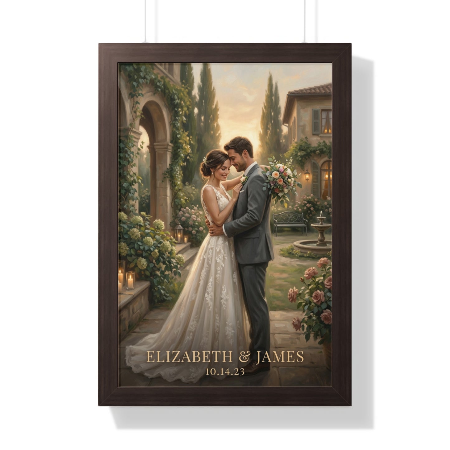 Wedding portrait of Elizabeth and James with date.