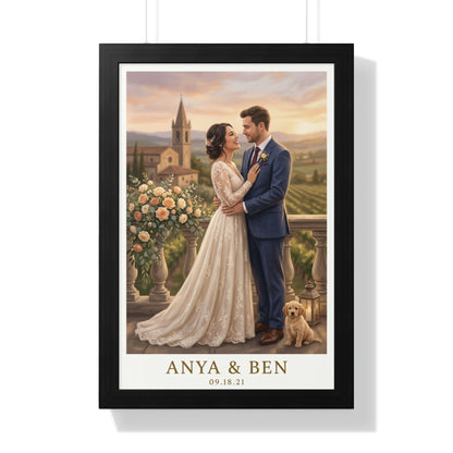 Wedding portrait of Anya and Ben with a golden retriever puppy.