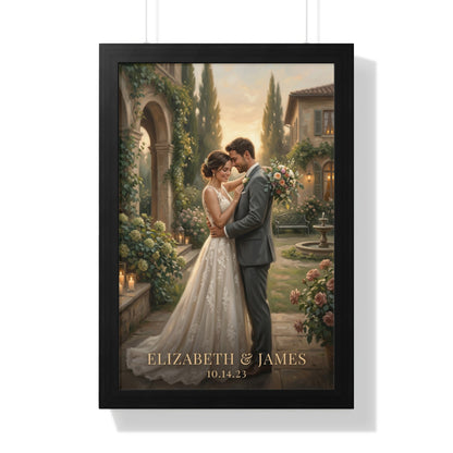 Framed wedding portrait of Elizabeth and James with date 10.14.23.