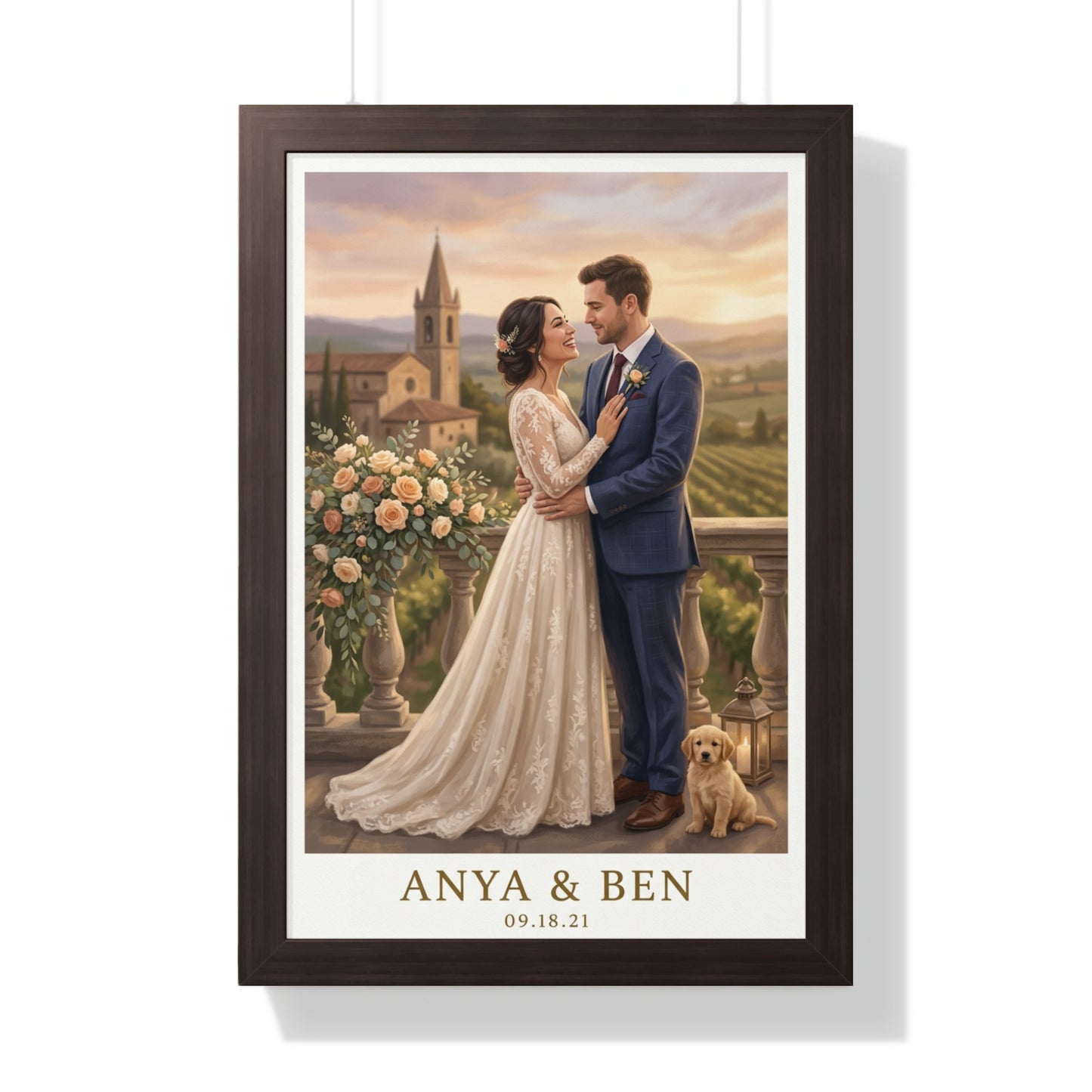 Wedding portrait of a couple and a dog on a balcony, with "ANYA & BEN" and "09.18.21".
