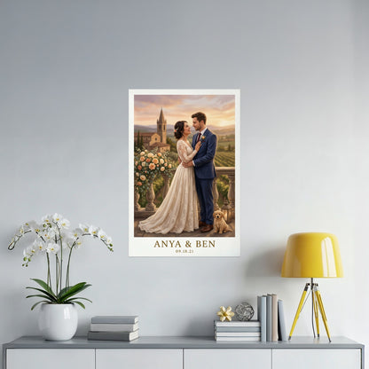 Wedding portrait of Anya and Ben with dog and text Anya & Ben 09.18.21.