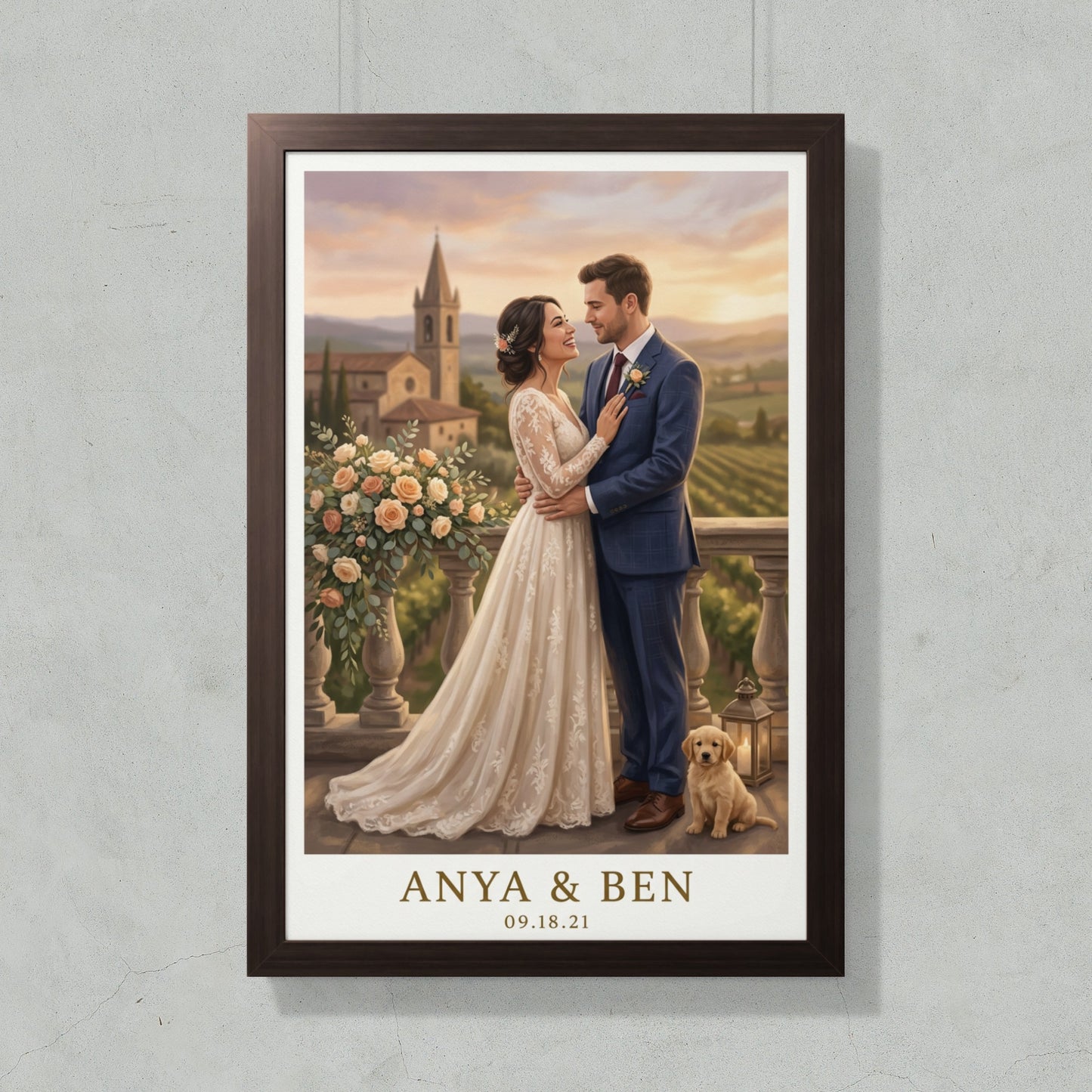 Couple in wedding attire with a dog on a balcony, overlooking vineyards.