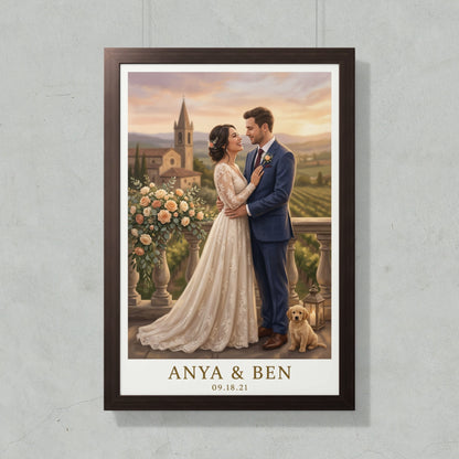 Couple in wedding attire with a dog on a balcony, overlooking vineyards.