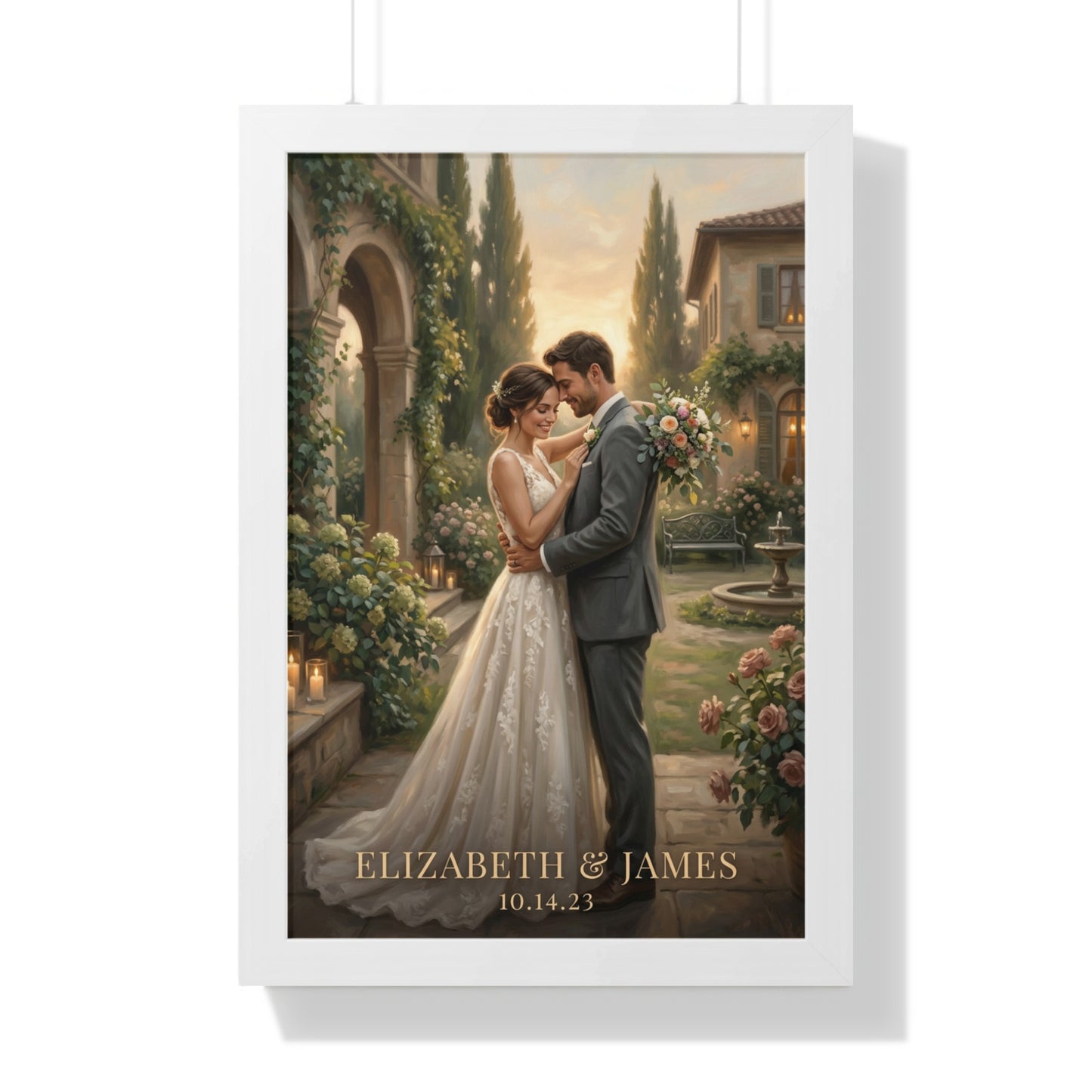 Wedding portrait of Elizabeth and James in garden setting with date.