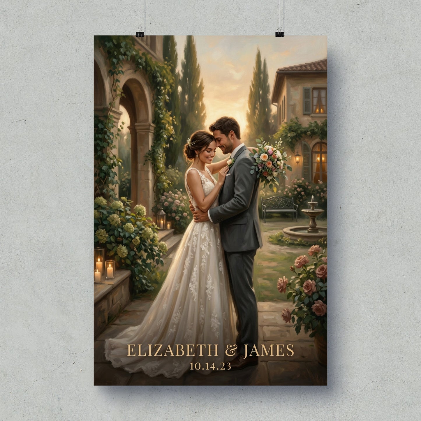 Wedding portrait of Elizabeth and James with bouquet, text "ELIZABETH & JAMES 10.14.23".