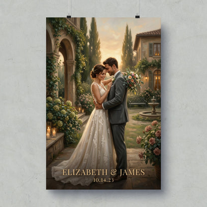 Wedding portrait of Elizabeth and James with bouquet, text "ELIZABETH & JAMES 10.14.23".