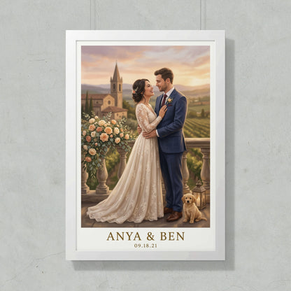 Couple in wedding attire with dog, overlooking vineyard, with names Anya & Ben and date.