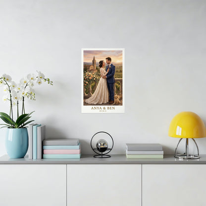 Custom wedding portrait of Anya and Ben with a dog and cityscape.
