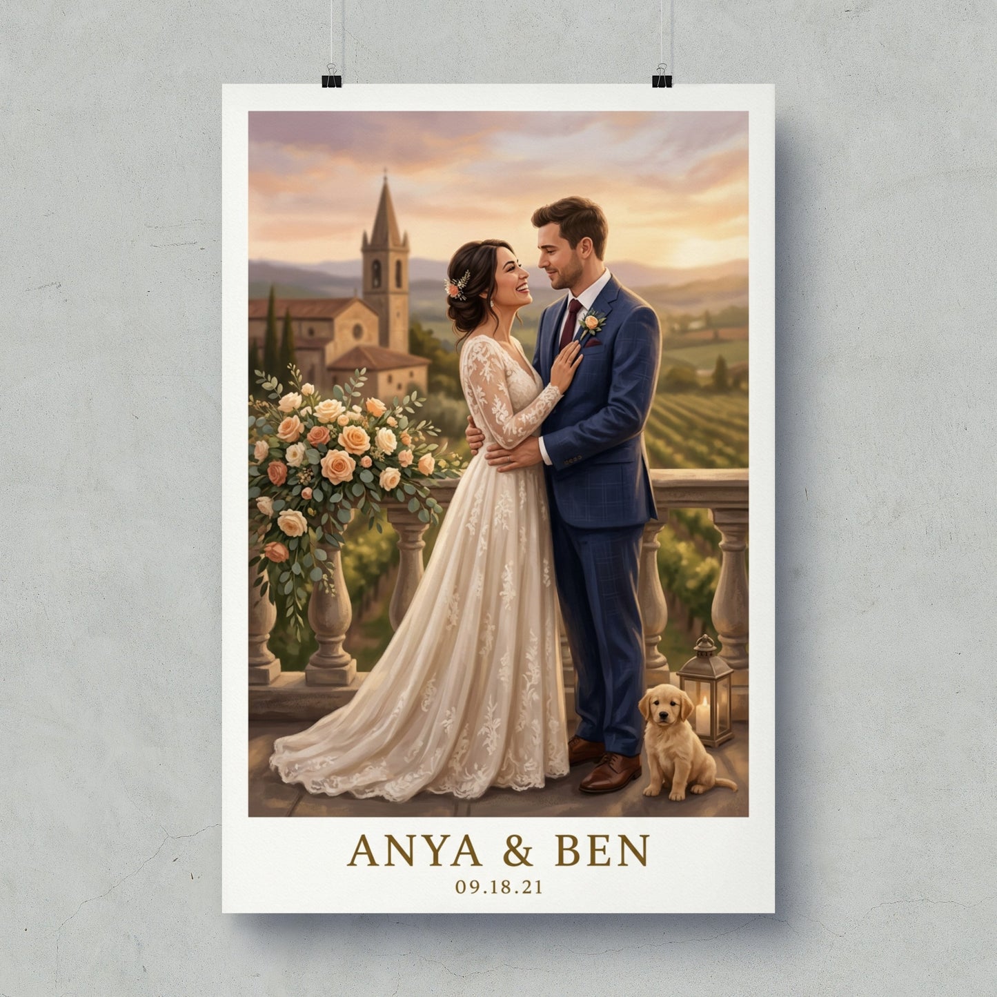 Wedding portrait of Anya and Ben with a golden retriever puppy.