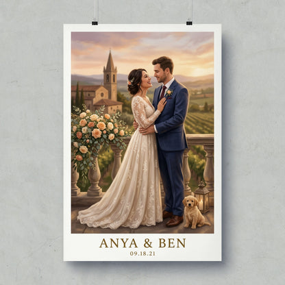 Wedding portrait of Anya and Ben with a golden retriever puppy.