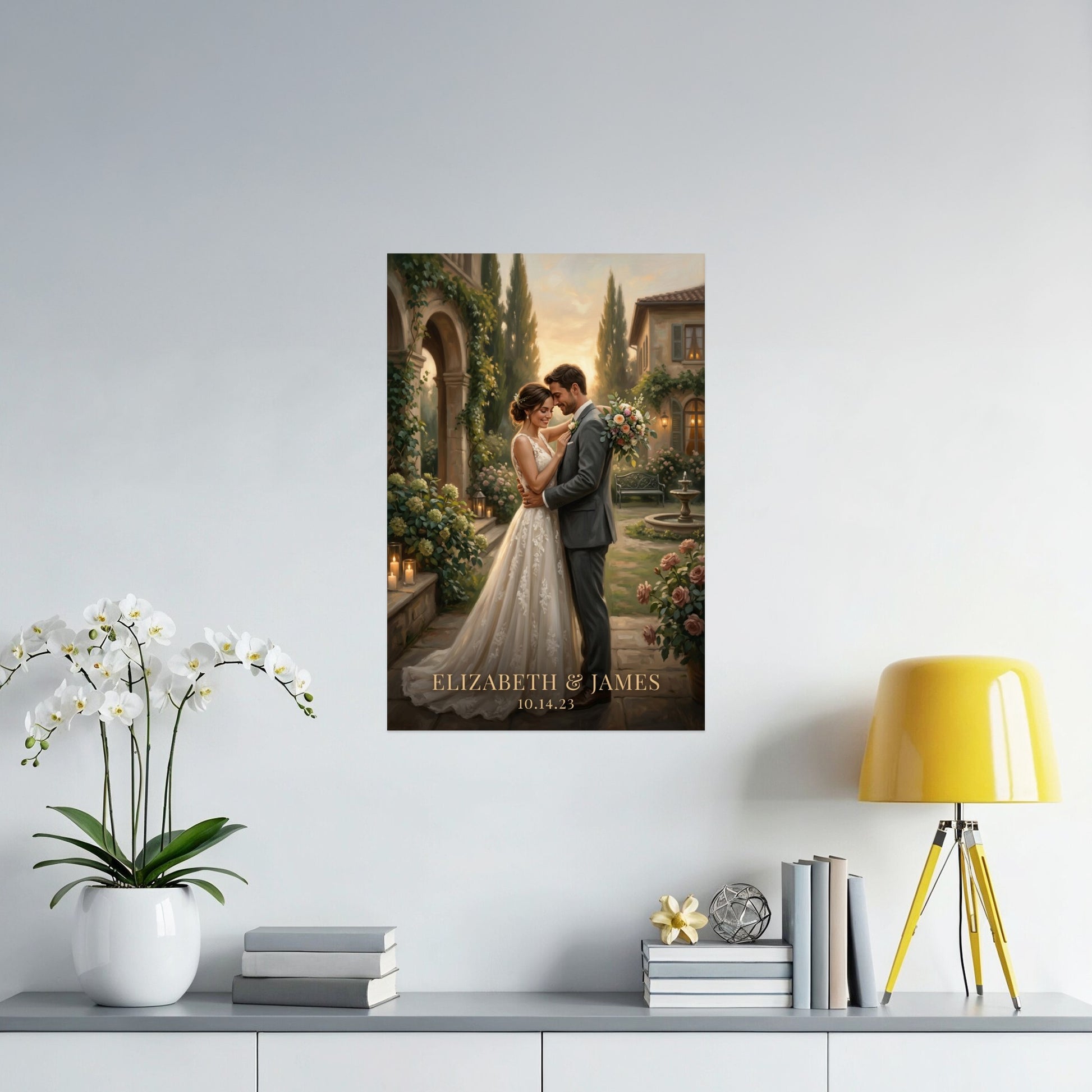 Wedding portrait of Elizabeth and James with date 10.14.23 on canvas.