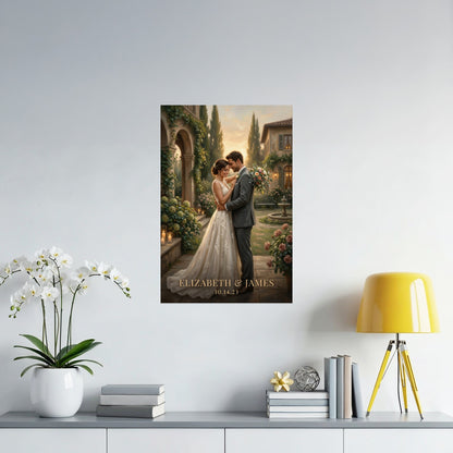 Wedding portrait of Elizabeth and James with date 10.14.23 on canvas.