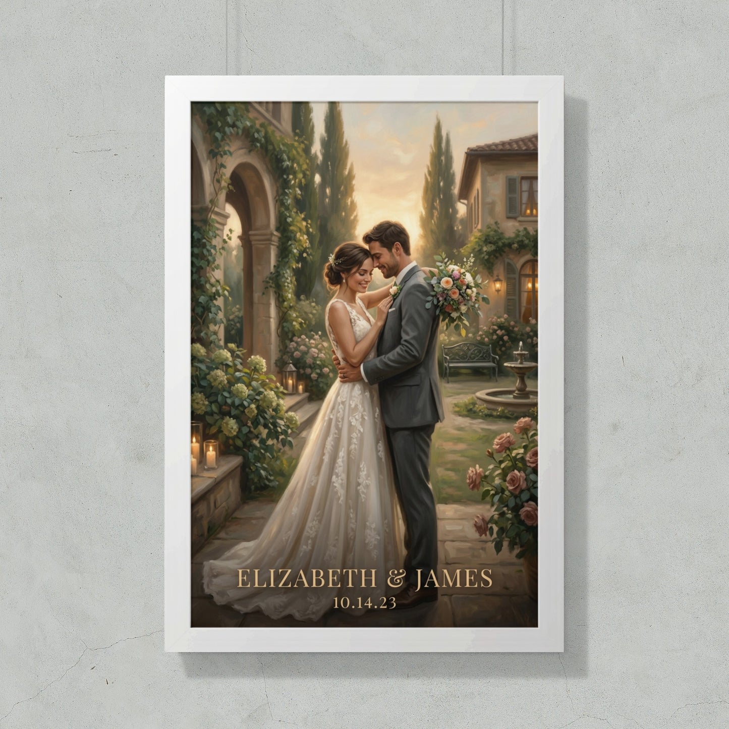 Wedding portrait of Elizabeth & James with date 10.14.23 on framed canvas.