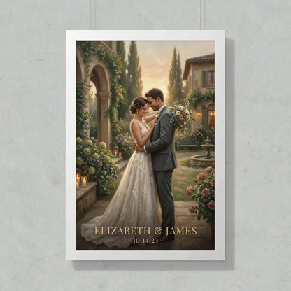 Wedding portrait of Elizabeth & James with date 10.14.23 on framed canvas.